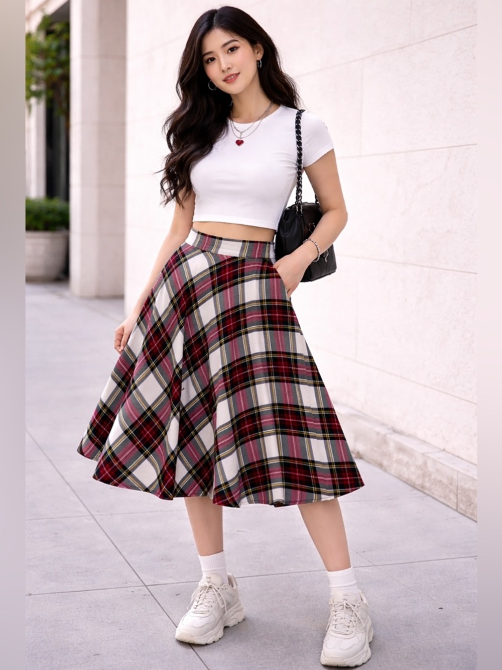 Hell Bunny Vixen Y2K Plaid Midi Skirt XS Red Tartan Flare A-Line